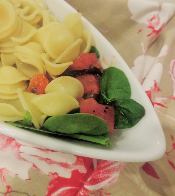 Pasta over Spinach & Tomatoes